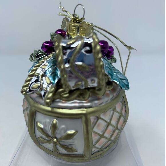 Fitz and Floyd Glass Ornament Snowy Woods Motif Gold Blue Purple Bow - Picture 5 of 10